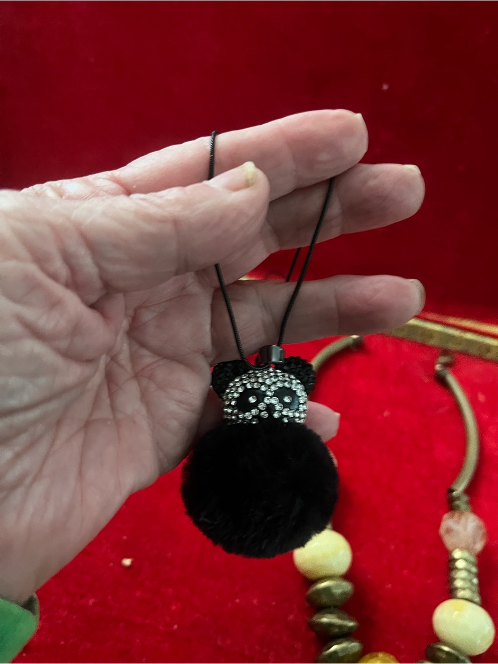Black Crystal Skull Pom Pom Necklace Pendant